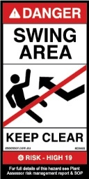 Risk High 19 safety label for a machinery swing area