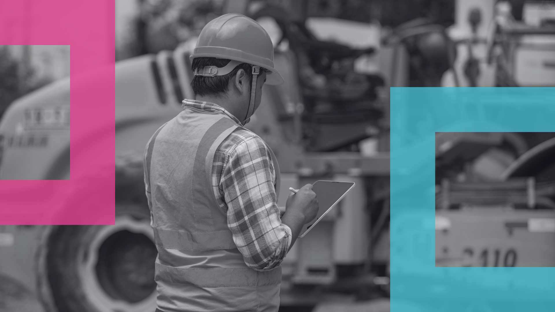 A man wearing PPE conducting a digital risk assessment on a heavy machine in the background