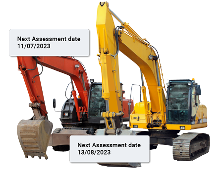 Two excavators showing their next Machinery Risk Assessment dates from Plant Assessor.