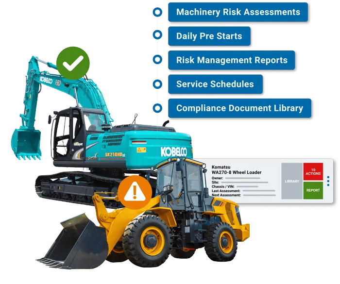 Green kobelco excavator and yellow front loader with compliance safety checklist
