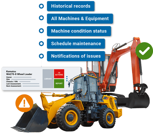 One machine with alert icon and outstanding compliance actions, one machine with a tick and a list of all machinery compliance documents