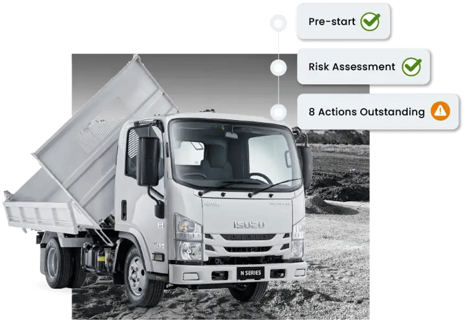 White tip truck showing Ideagen Plant Assessor machinery compliance checklist risk assessment and pre start
