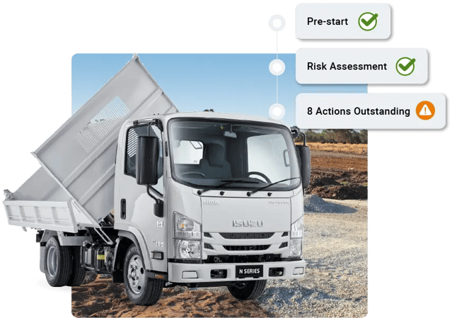 White tip truck showing Plant Assessor checklist: Pre-start completed, Risk Assessment completed, 8 safety actions outstanding