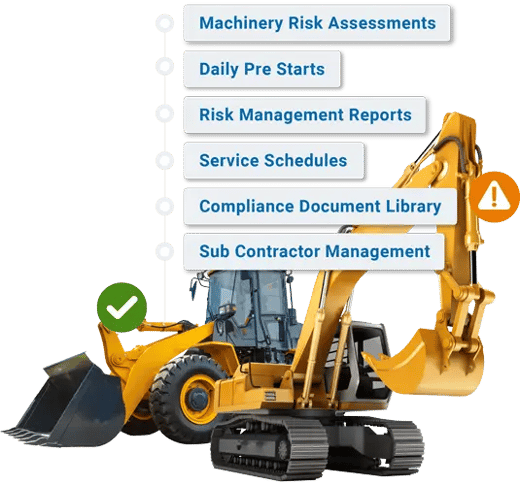 A front loader and excavator with checklist for machinery risk assessments, pre-starts, risk management reports, service schedules, compliance