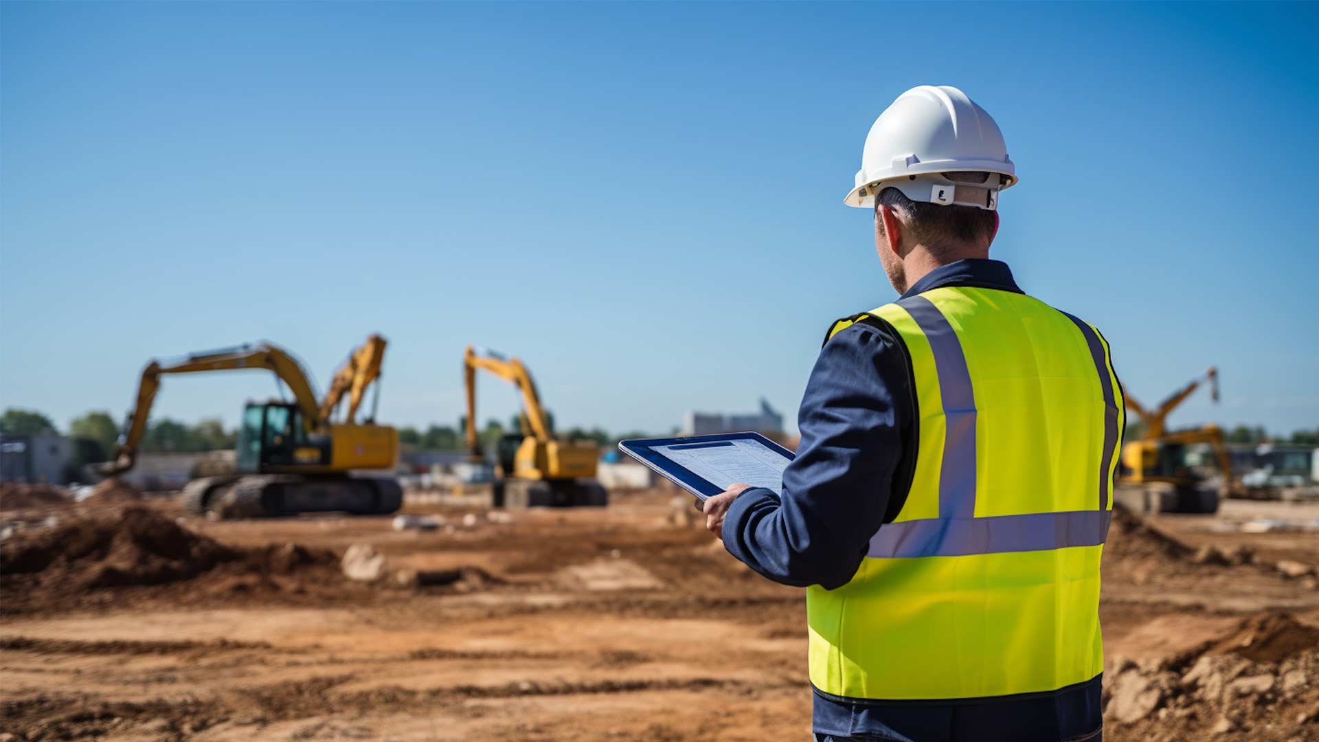 Man in hi vis vest and hard hat using a tablet to assess excavators in the distance