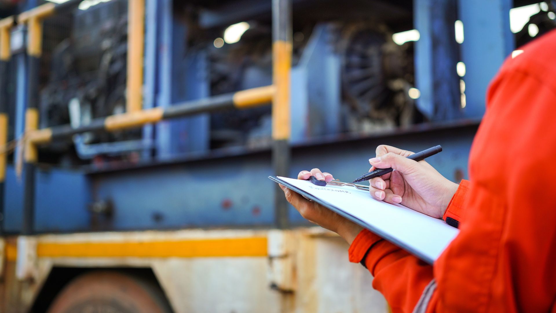 close up of worker in hi vis holding clipboard assessing a machine