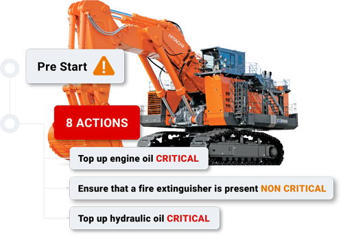 An orange Hitachi excavator showing a pre start alert with 8 actions outstanding, one non-critical and two critical
