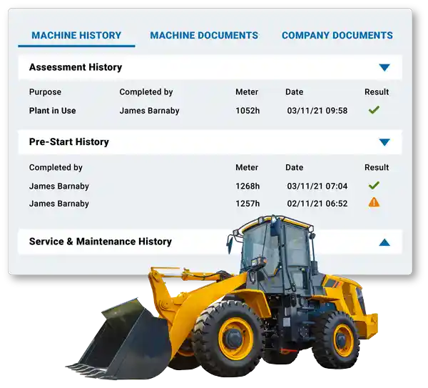 A front-end loader with a detailed machine history profile popup behind it
