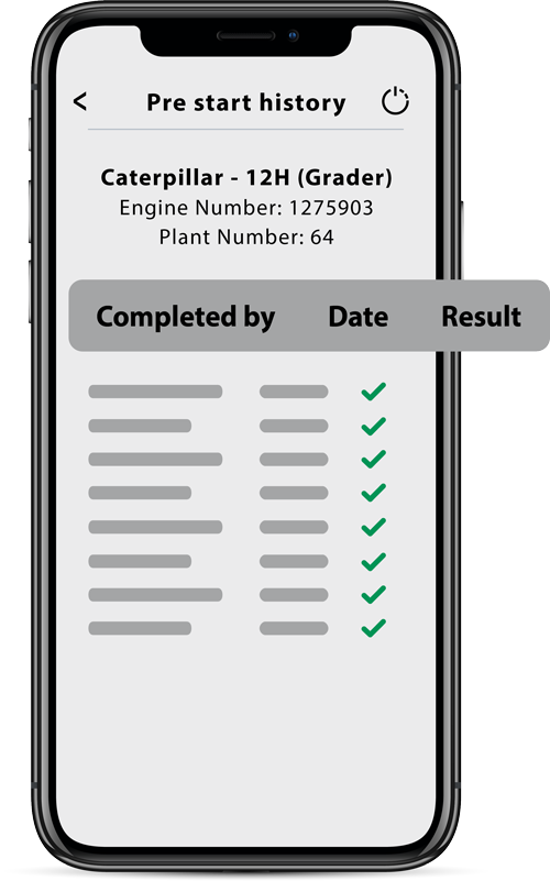 Phone showing pre start history within the Pre Start Plus app