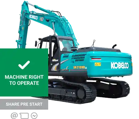 Blue green kobelco excavator with a green tick after a pre start