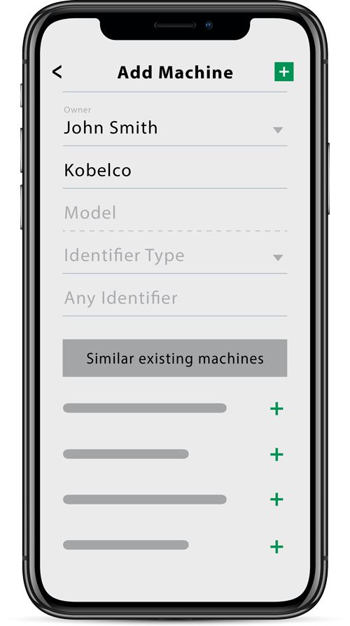Phone showing the add machine section in Pre Start Plus