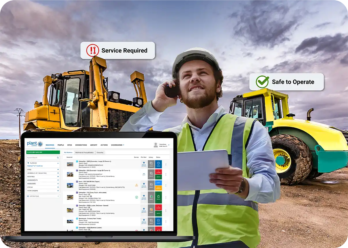 A man holding an ipad using Plant Assessor risk assessment software with machines in background