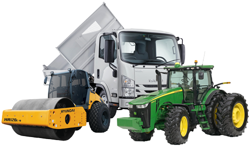 White loader truck, heavy roller machine, green tractor