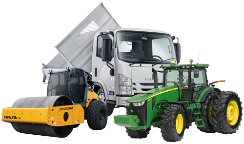 White loader truck, heavy roller machine, green tractor