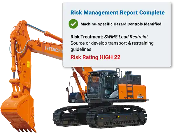 A screen showing a completed risk management report for an orange Hitachi excavator