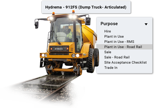 A Hydrema articulated dump truck on a railway with a specific risk assessment selected from a list