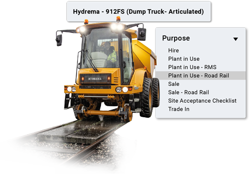 A Hydrema articulated dump truck on a railway with a specific risk assessment selected from a list