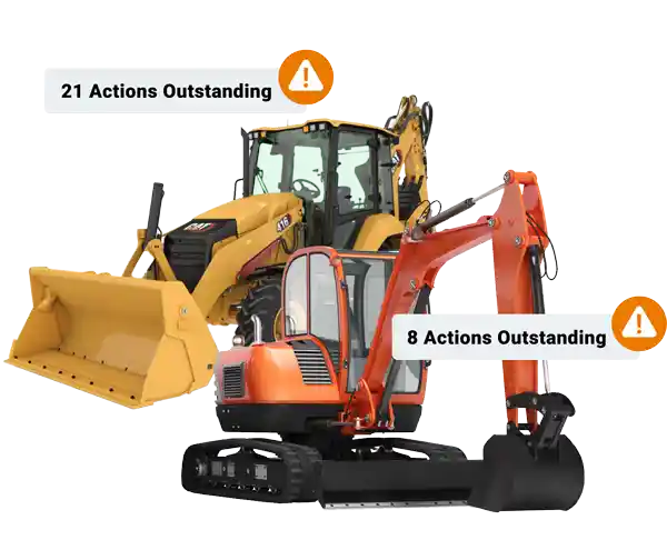 Two heavy machines with alert icons and outstanding actions