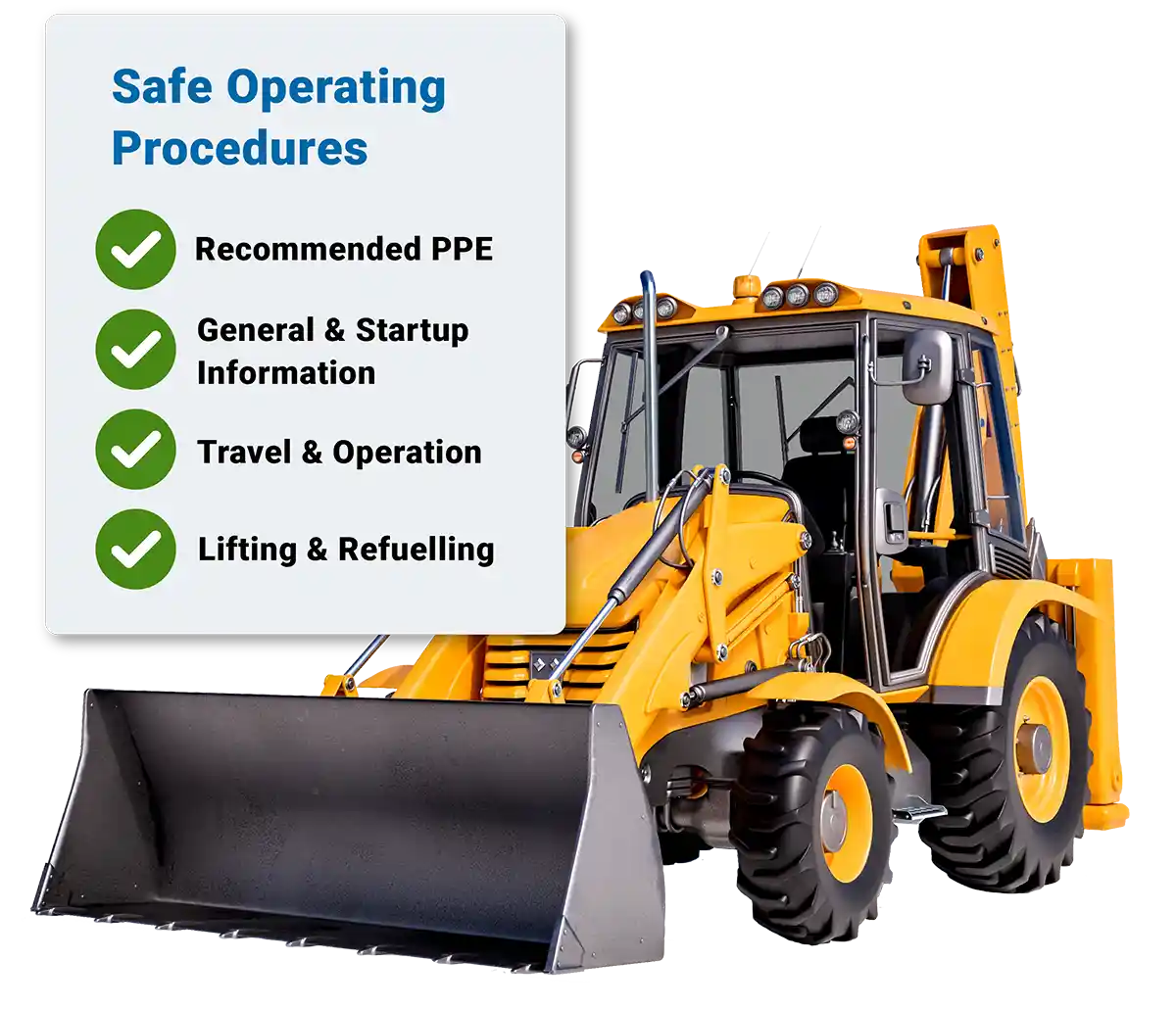 Yellow front loader with SOP (safe operating procedures) showing list of information