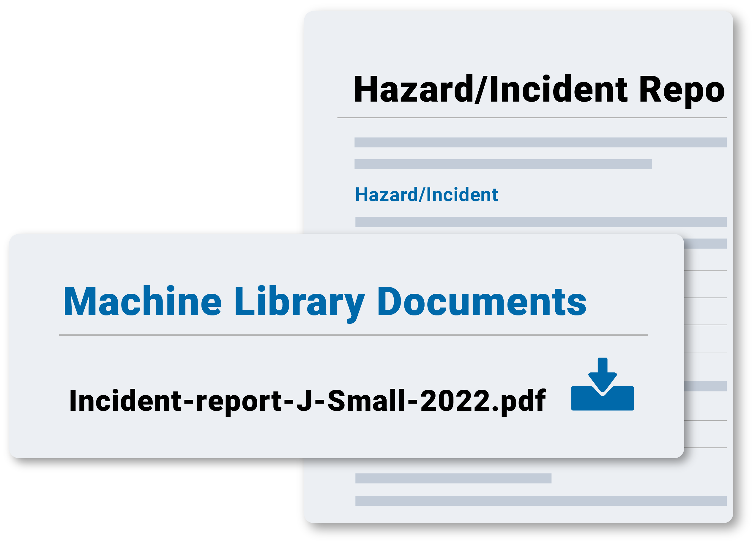 Two screens in Plant Assessor showing machine library documents and hazard reports