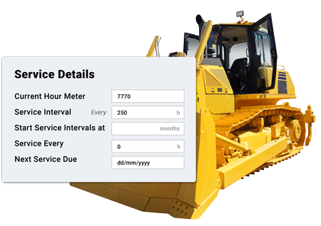 Yellow bulldozer with service details including intervals, hour meter, and next service due date