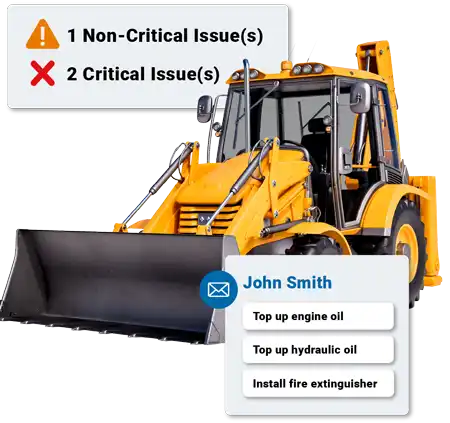 Yellow front loader with issue icons showing, and actions sent through email