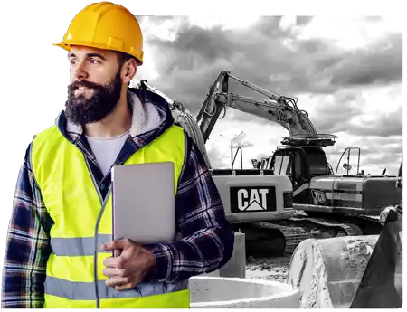 Man holding ipad overseeing construction work site and heavy machinery