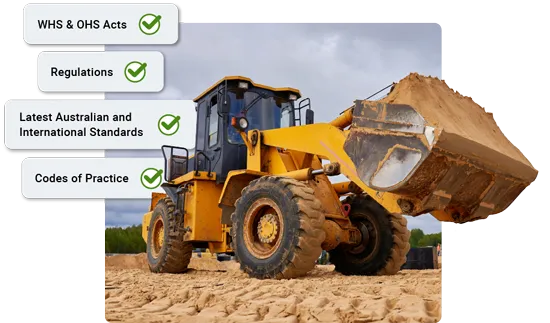A front loader machine moving dirt, complying by all safety regulations, whs acts, codes of practice and Australian and International Standards
