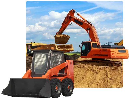An excavator and bobcat moving dirt into a truck loader on a construction site