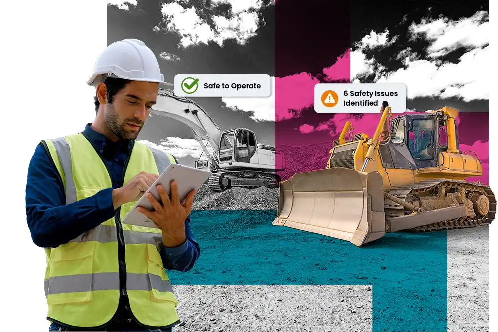 Man on ipad looking at heavy machinery compliance