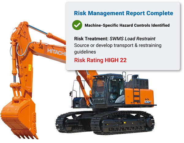 Hitachi excavator with risk management report complete screen and risk rating screen