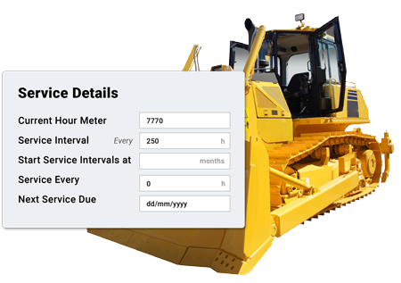 Heavy machine showing servicing details and service intervals