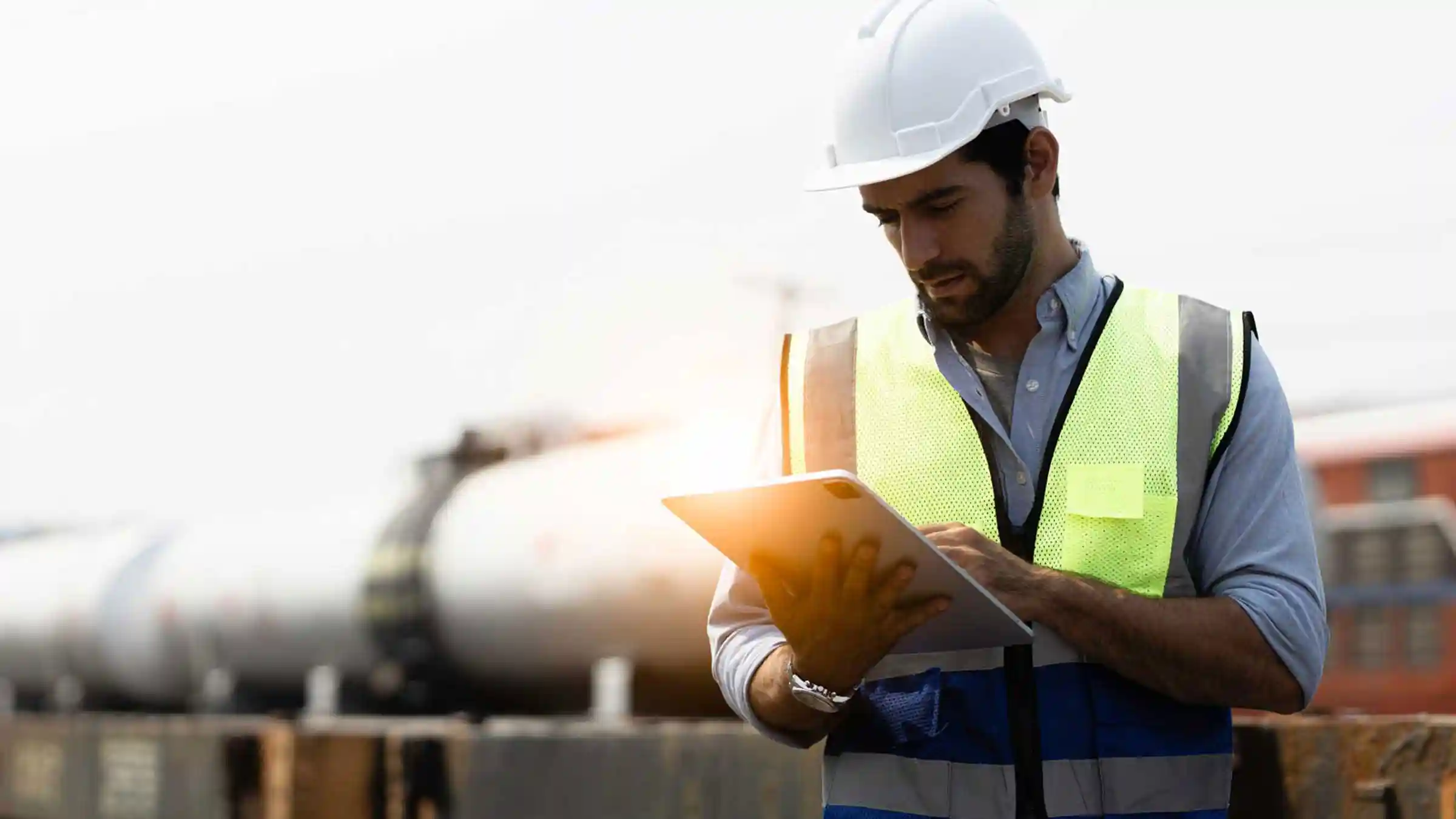 Procurement manager in white safety helmet looking at ipad