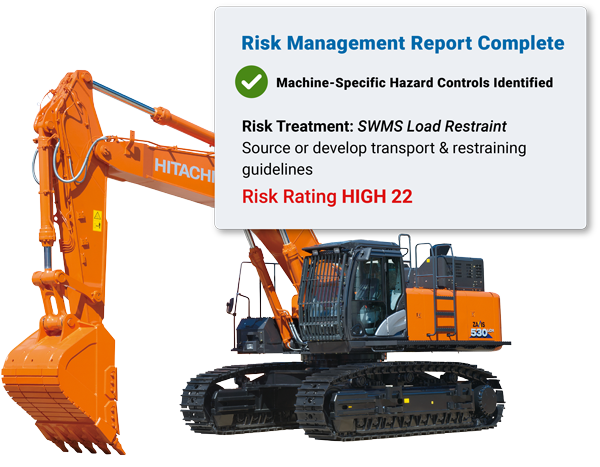 Hitachi excavator with risk management report complete screen and risk rating screen
