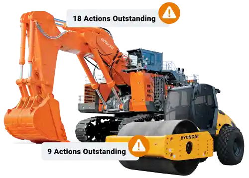Hitachi excavator and Hyandai roller machines with outstanding alert icons
